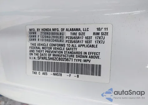 2012 Honda Odyssey Ex-L z USA, uszkodzony, nr VIN 5FNRL5H62CB025671